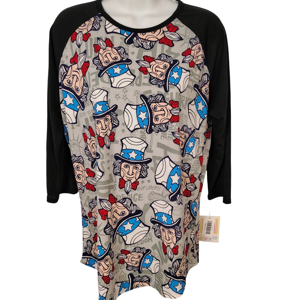 LuLaRoe Randy Uncle Sam Patriotic Baseball Tee 3/4 Sleeve Black Gray Medium NWT